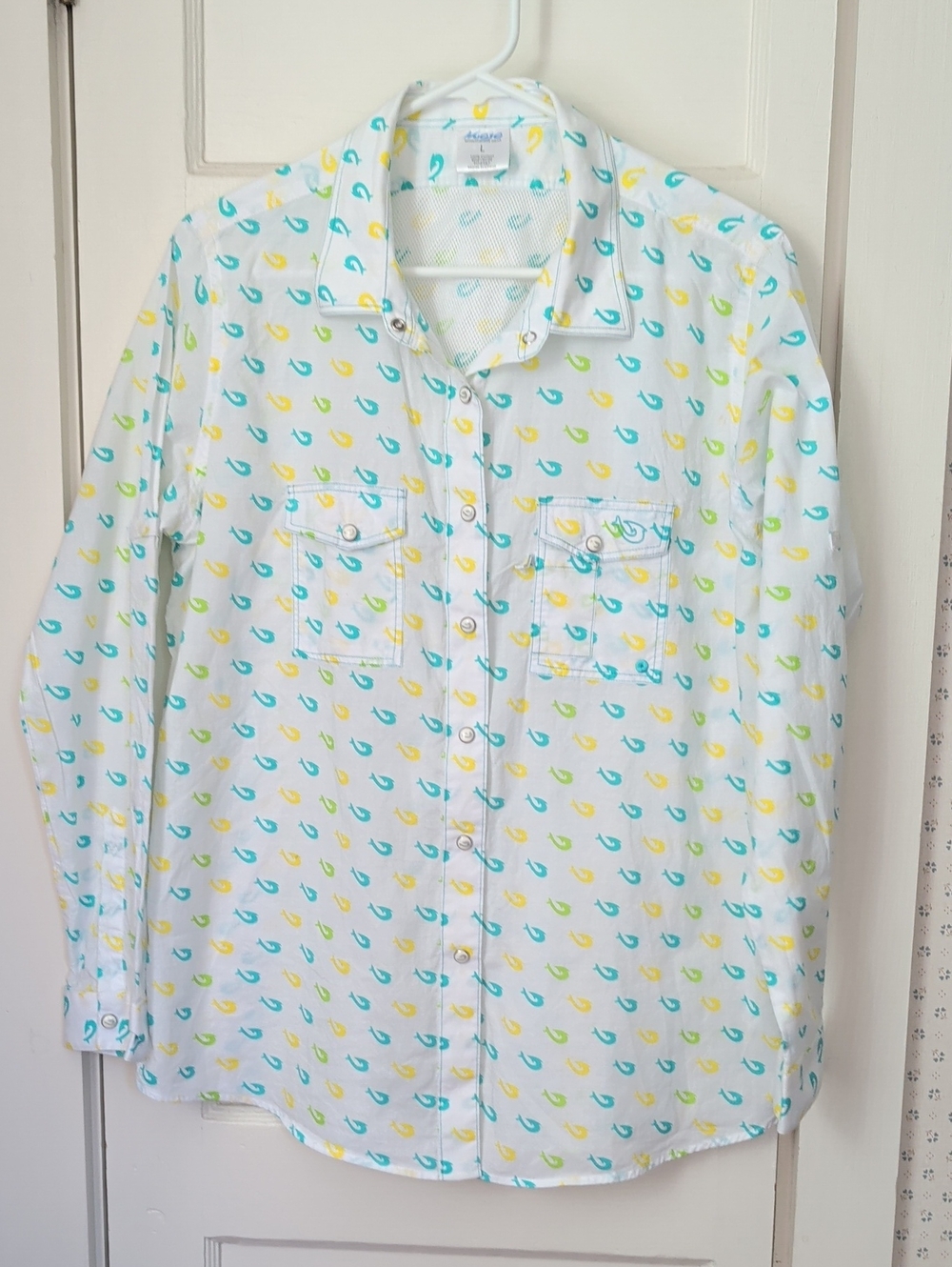 Mojo Shirt L Sportfishing Gear Lightweight Snap Button Blue Yellow Fish Hook